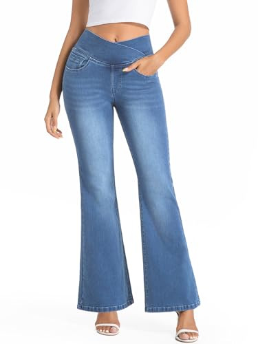 VX VONXURY Flare Jeans Femme Bootcut Élastique Pantalon Taille Haute Effet AmincissantStyle Patte d'Éléphant V-Waist sans Boutons Bleu Classique