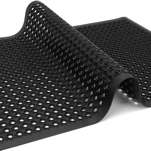 Restaurant Anti Fatigue Mat, Outdoor Rubber Floor Bar Mat, 36X60 Non-Slip Kitchen Commercial Mat with Drainage for Garage, Entryway, Kitchen, Bar, Black