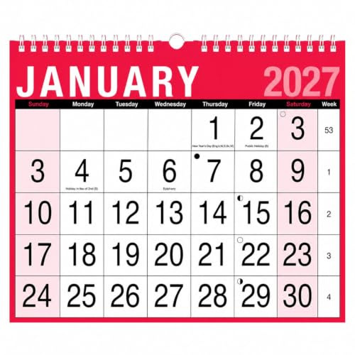 2027 Month to View Wall Calendar - Red Easy View Wirebound Planner UK | 270x225mm, Wirebound Wall Hanging, Home Office, Business & Office, Family Organiser, Monthly Planning, Clear Layout