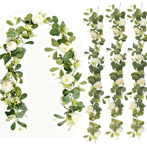 4 Pezzi Ghirlande Fiori di Eucalipto Artificiale con Rose Finte, 180cm Artificiali Eucalipto Ghirlande Piante Rampicanti Finte per Matrimoni, Sfondo, Feste, Centrotavola, Decorazione per Stanza
