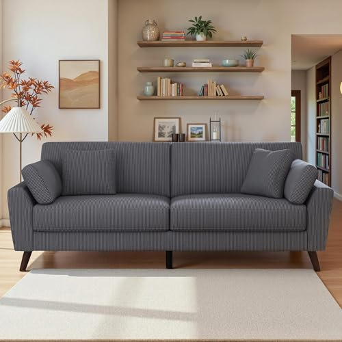 LUXOAK 220 cm 3-Sitzer Big Sofa aus Cord, Tiefesitz Polstersofa mit Kissen, modernes Design mit hohen Beinen, Sitzhöhe 48 cm, XXL Couch für Wohnzimmer, Schlafzimmer oder Gästezimmer, Grau