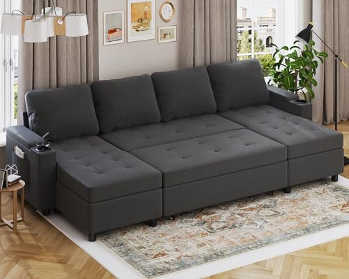 Devoko Canape Dangle Convertible, Canapé Convertible avec Rangement et Méridienne Réversible, Multifonctionnel Canape 4 Places Canapé Lit avec Accoudoirs pour Salon,Gris