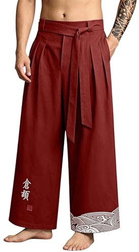 Genérico 2026 Pantalones japoneses Hombre Pantalones Taro para Hombres de Lino Ropa Asiática Kimonos Tradicionales Japoneses Casual Suelto Estilo Japonés Pantalones con Cordón y Bolsillo
