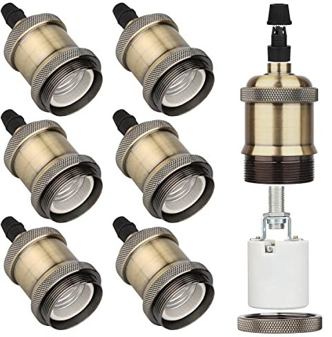 Zevnico E27 Lamp Holder, 6 Pcs E27 Bulb Holder, Bronze Vintage Socket Light Bulb Holder, Ceramic Rated 4A 250V, for DIY Pendant Lamp Ceiling Hanging Light Retro Style Edison Screw Bulb Holder Adaptor