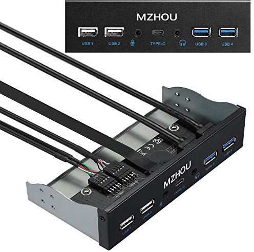 MZHOU USB 3.2 GEN1 Frontpanel-Erweiterungskarte, 10 Gbit/s Type-C + 4 USB Ports（5Gbps+480Mbps）+ HD-Audio Optisches Laufwerk-Panel für 5,25-Zoll CD-ROM Steckplatz
