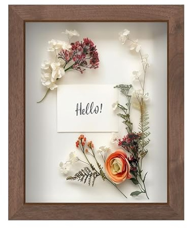 FrameWorks 8” x 10” Dark Oak Wooden Shadow Box Frame – Display Case with Soft Felt Back, Memory Box with Tempered Glass, Display Box with Elegant White Ball Push Pins, Wooden Flower Box