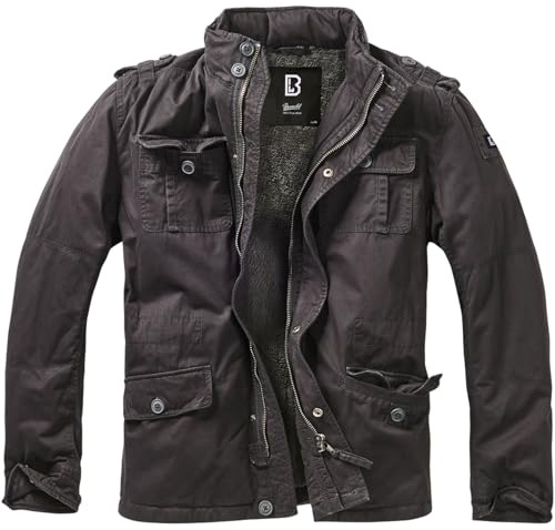 Brandit Individual Wear Men's Sherpa-Lined Cold-Weather Casual Outdoor Classic Field Jacket w/Stand-Up Collar & Hidden Hood, Black, Large