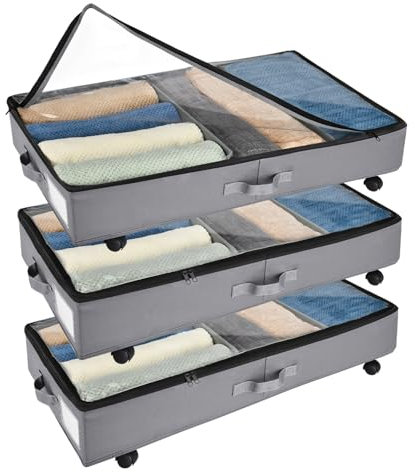 Xtsuen 3 contenitori sotto il letto, con ruote, rotazione a 360° e telaio in metallo, pieghevole, grande capacità, in tessuto non tessuto, per vestiti, scarpe e coperte