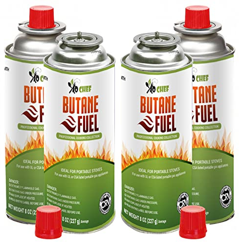 Jo Chef Butane Fuel Refill, 8 oz - Pure Refined Butane Gas for Camping Stove or for Kitchen Torch, Creme Brulee Blow Torch - 4 Canisters