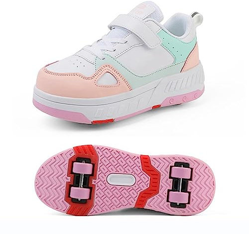 GeRRiT Schuhe Mit Rollen Versenkbarer Technischer Skateboardschuhe Sport Schuhe Kinder Rollschuhe Outdoor Turnschuhe Jungen und Mädchen 4 Rollschuhe,Pink-34EU