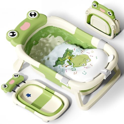 COOSEYA BañEra Plegable Bebé para Recién Nacido, BañEra Bebe Plegable con Asiento de Cojín de Baño Gratis, Regalo Ideal para Recién Nacido A Niño Pequeño Plegable para Viaje Diseño Exterior (Verde)