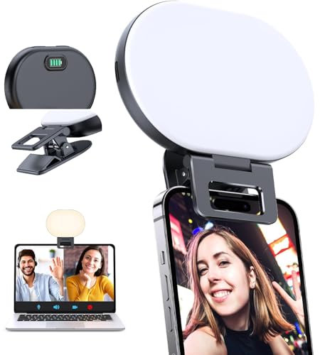Selfie Licht, Handy Licht Videolicht mit Clip, Rechargeable 2000mAh Akkus, 3 Lichtmodi & Helligkeit 10 Stufen Dimmbare, Foto Licht für iPhone/Handy/Laptop, Fotografie/Tiktok/Geschenk