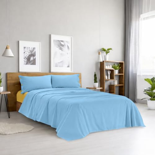 Ruggeri - Set Lenzuola Letto Matrimoniali 4 Pezzi in 100% Cotone, Lenzuolo con Angoli 170x200 cm, Lenzuolo Piatto 240x280 cm e 2 Federe Double 50x80 cm, Certificato Oeko-Tex - Azzurro E Giallo