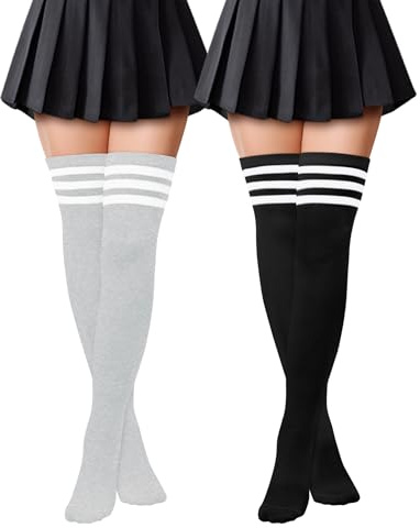 Kiiwah 2 Paia Parigine Donna Calze, Strisce Classiche Calze Sopra Il Ginocchio Morbido e Confortevole Calzini Lunghi Alla Moda Thigh High Socks per Uso Quotidiano, Corsa, Cosplay