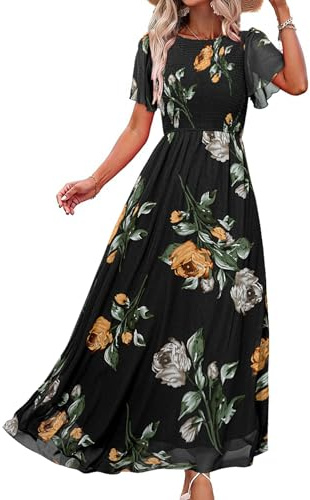 Simplee Womens Summer Boho Maxi Dress Floral Short Sleeve Evening Dresses Ruched Flowy Prom Beach Black Wedding Guest Dress(Black M)
