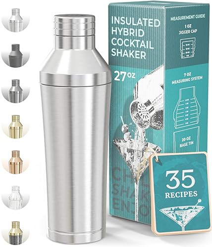 BARE BARREL Insulated Cocktail Shaker Set | Double Wall Stainless Steel | Martini Shaker for Home Bar Bartending | Built-in Drink Measure System & Strainer, Travel Bag, Recipes | Gift Set (Silver)