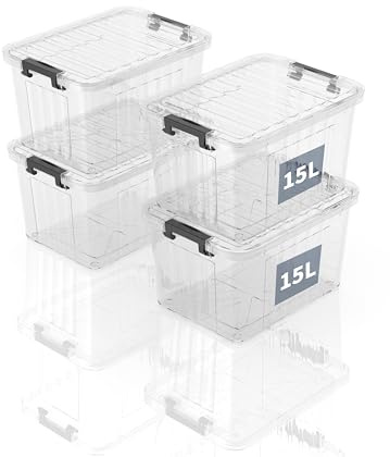 SpaceXpert Cajas de Almacenamiento de Plástico con Tapa, Diseño Rayado 15L, Contenedor Apilable Resistente para Hogar, Oficina y Garaje, Transparente de PP, Organizador Versátil, 15L (Paquete de 4)