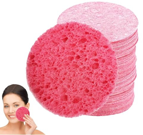 Face Sponge 60PCS Facial Sponges Professional Reusable Washing Face Sponges Cleansing Natural Wood Pulp Cotton Compressed Facial Washing Sponge for Daily Skin Care Deep Cleaning Makeup Removal (Pink)
