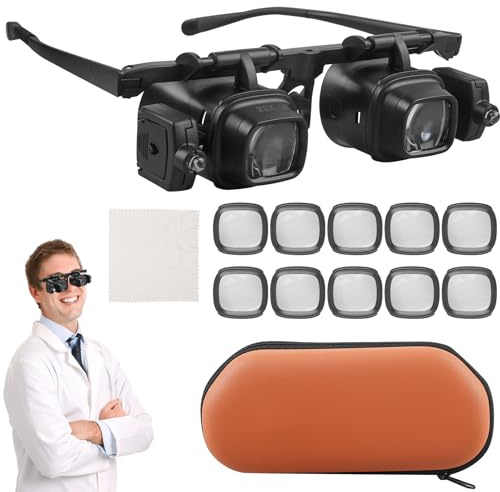 Occhiali con lente di ingrandimento con luce LED, mani libere, con scatola di archiviazione, 2 luci LED, 6 lenti intercambiabili, 2 x 6 x 8 x 12 x 24 x per leggere orologi fai da te, riparazione