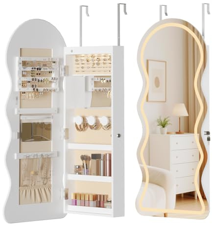 HOOBRO Armoire à Bijoux Murale, avec Éclairage LED Intégré et Miroir, Rangement pour Bijoux Verrouillable, Porte Battante, avec Miroir Psyché, pour Boucles d'Oreilles, Cosmétiques, Blanc EWT08CDJC04