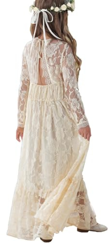 ALLOVIN Abito Maxi in Pizzo a Maniche Lunghe per Bambine e Ragazze – Abito A-Line Boho per Matrimonio, Battesimo, Prima Comunione | Giallo Chiaro | 8-9 Anni