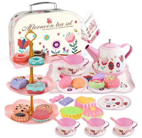 JurciCat 46 Pezzi Set da tè per Bambini Accessori per Cucina Giocattolo Valigetta con Giocattoli da Dessert con Tazze Piatti e Accessori Servizio da tè Completo per Regalo Giocattoli Bambine 3-9 Anni