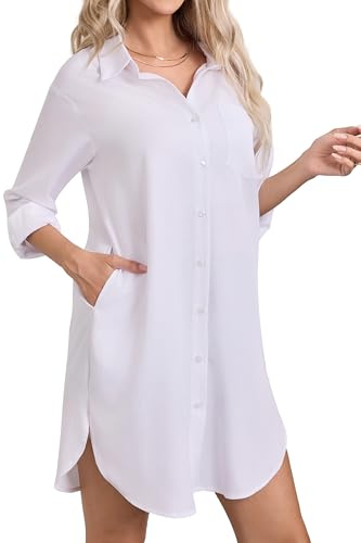 Enmain Womens Long Sleeve Blouse Shirt Dress Button Up Cotton Tunics Casual Blouses Tops with Pockets
