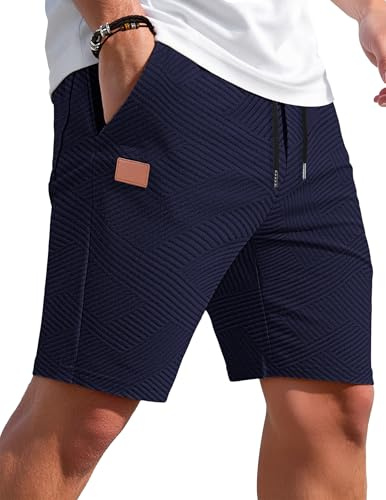 TARAINYA Texture Pantaloncini Uomo Cotone Coulisse Estivi Causal Pantaloni Corti Uomo con Tasche Blu Navy L