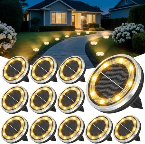 12 Paquetes Luces Solares LED Exterior Jardin Suelo, 8 LED Impermeable Luz Solar Exterior Jardin, Lamparas Solares Suelo para Patio Camino Césped (Blanco Cálido)