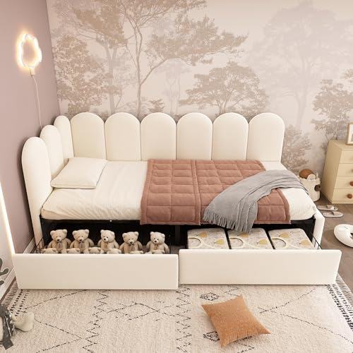 Merax 3FT Upholstered Daybed with Drawer Storage, Single Sofa Bed 90 x 190 cm for Kids & Adults, Velvet Bed Frame with Slatted Base, L-Shaped Design, Beige (No Mattress)