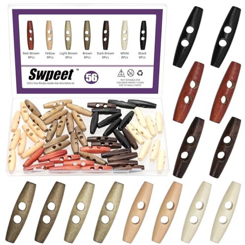 Swpeet 56pcs 7 couleurs 6.5mm trou en bois corne basculer boutons assortiment kit, olive forme 2 trous basculer boutons, artisanat bouton à coudre en bois, bricolage accessoires boucle ovale vintage