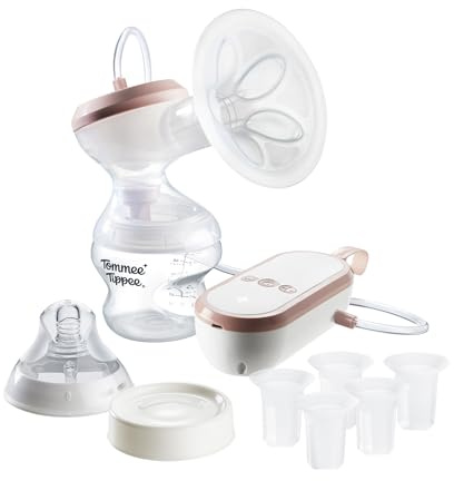 Tommee Tippee Single Electric Breast Pump, Hospital Grade Breastfeeding Pump with Soft Silicone Petal Cushion, 24mm Flange + 5 Inserts, 2 Modes & 9 Suction Levels, Quiet, USB Rechargeable & Portable