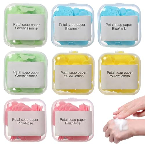 RVYEIOP Fogli di Sapone Monouso - 8 Confezioni Colorate (Giallo, Blu, Rosa, Verde) - Salviette di Sapone Portatili per Viaggi, Campeggio, Ufficio - Igiene Mani Pratica e Istantanea