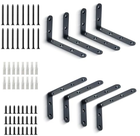 Brackit Heavy Duty Shelf Brackets – 8-Pack with 72-Piece Fixing Set – Black Powder-Coated Alloy Steel Supports for Wall Mounted Shelves, Floating Shelves, Garages, Kitchens, Living Rooms & Workshops