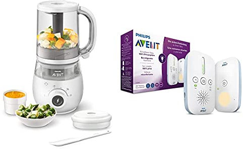 Philips Avent 4-in-1-Babynahrungszubereiter SCF883/01, Dampfgarer, Dampfgaren, Mixen, 1000ml Kapazität, weiß & Audio Babyphone SCD503/26 - DECT-Technologie, Kristallklarer Klang, weiß