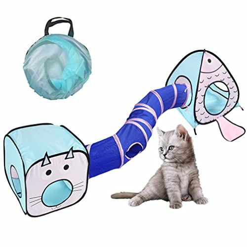 Floving Kattunnel, husdjurstunnel, katttub, popup-tunnelset, hopfällbar kattunnel, lång katttub med plyschboll, kattleksaker för inomhus, också lämplig för valpar, kaniner, chinchillor etc. (blå)