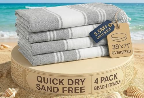 LANE LINEN Oversized Beach Towels – 4 Pack, Cotton Rich & Quick Dry, Lightweight Sandproof Pool Towels for Adults, Pre-Washed & Absorbent, Alloy Gray
