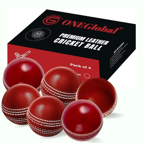 ONEGlobal Palla da cricket in pelle di alta qualità, 100% artigianale, 156 g, costruzione in 4 pezzi, ideale per partite di campionato e pratica (confezione da 6, rosso)