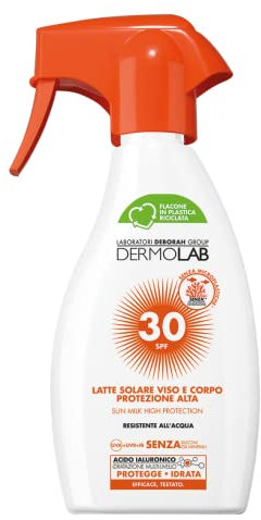 Dermolab - Latte Solare Spray e Viso Corpo, Protezione Alta SPF 30 per Pelli Chiare e Delicate, Contrasta Invecchiamento Cutaneo e Raggi UVA, Resistente all'Acqua, Dermatologicamente Testato, 250ml