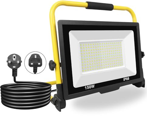 PICAA Foco de Trabajo LED 150W,15000LM,Foco LED Portátil con Giratorio 360º,Impermeable,Soporte plegable,para Uso en Interiores y Exteriores,para Obra, Taller, Garaje,6500K Luz Blanca