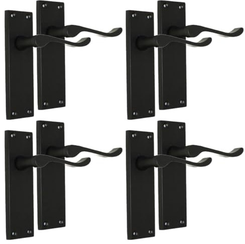 Matt Black Scroll Door Handle Set with Tubular Latches - Victorian Style Internal & External Lever Door Handles with Backplate 150mm x 42mm (4 Pairs)