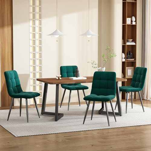 BXEYXE Matgrupp (5 delar), matbord med 4 stolset, modernt köksbordsset, träkorn köksbord med svarta metallben, MDF-bordsskiva i valnötsfärg, mörkgrön sammet matstolar
