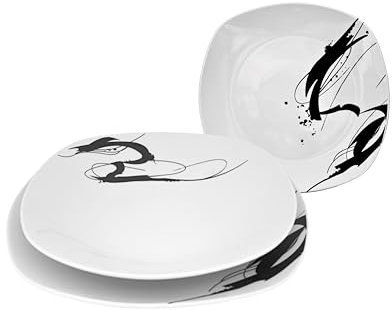 Set di Piatti Ink Painting Da Tavola in Porcellana Resistente Design Moderno, 18 Pezzi Per 6 Persone, Bianco e Nero, Per Uso Quotidiano, Per Lavastoviglie.