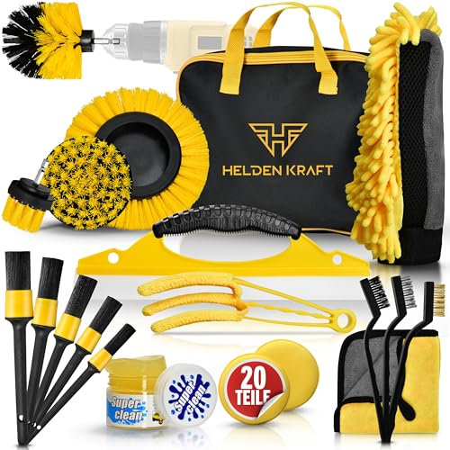 HELDENKRAFT® Auto Reinigungsset [Komplett-Set mit 20 Teilen] - Autowaschset für Reinigung, Pflege & Detailing von Außenfläche & Innenraum - Inkl. Reinigungsgel, Akkuschrauber-Bürsten & Tasche