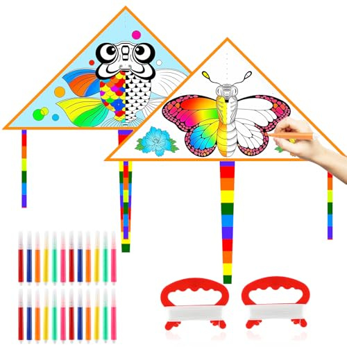 Aquilone Bambini, 2 Set de Aquiloni da Colorare per Dipingere, Aquilone Farfalla, Pesce Rosso con Stringa aquilone e manico, Fai Da Te per Arti e Mestieri Gadget Festa Compleanno Scuola Regalo