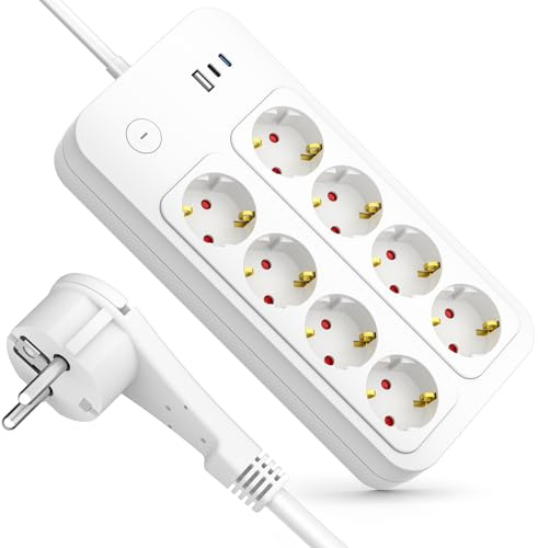Steckdosenleiste 8-Fach mit Überspannungsschutz, Mehrfachsteckdose mit 3 USB, Steckdosenleiste 5M mit Kindersicherung, Steckdosenleiste Überspannungsschutz mit Schalter für Schlafzimmer Büro Küche