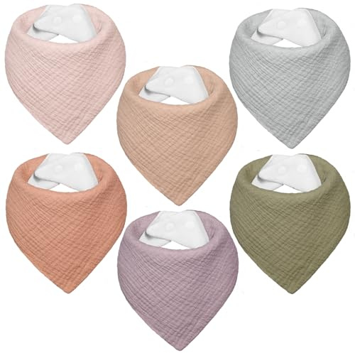 IKWOLETI Baberos Bebe Recien Nacido, Bavoirs Bebe Triangulares de Muselina, Baberos Bandana para Bebe Unisex, Altamente Absorbentes, Transpirables y Ajustables, 6 Piezas