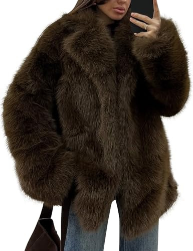Kissonic Women's Long Faux Fur Coat Lapel Shaggy Winter Jacket Luxury Warm Furry Open Front Outerwear(Brown-M)