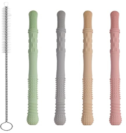 Set 4 Anelli Dentizione Neonati, Silicone PP Senza BPA, Massaggiagengive con Spazzolino, Sollievo Primi Denti +3 Mesi, Texture Morbide e Rinfrescanti