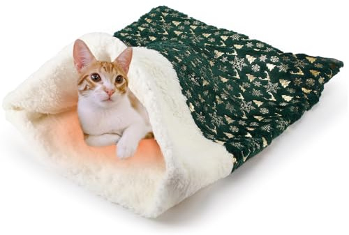 Clysee Self Heating Cat Sleeping Bag Self Warming Cat Bed Cave Forest Green Heated Pad Cozy Soft Winter Washable Wrap Pet Sleeping Pouch Snuggle Sack for Puppy Dog Kitten, 24 x 21 Inch